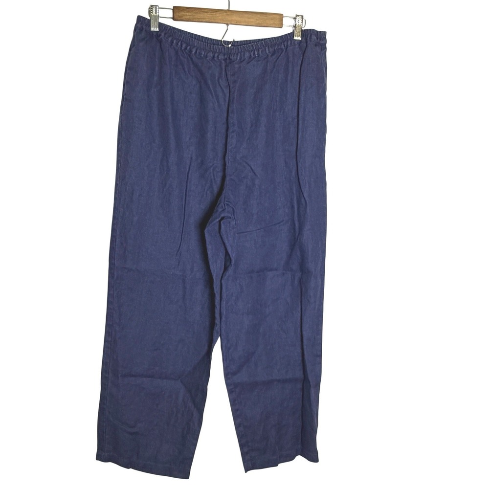 Vintage Melrose Collectible Women Navy Blue 100% Linen Elastic Waist Pants Large